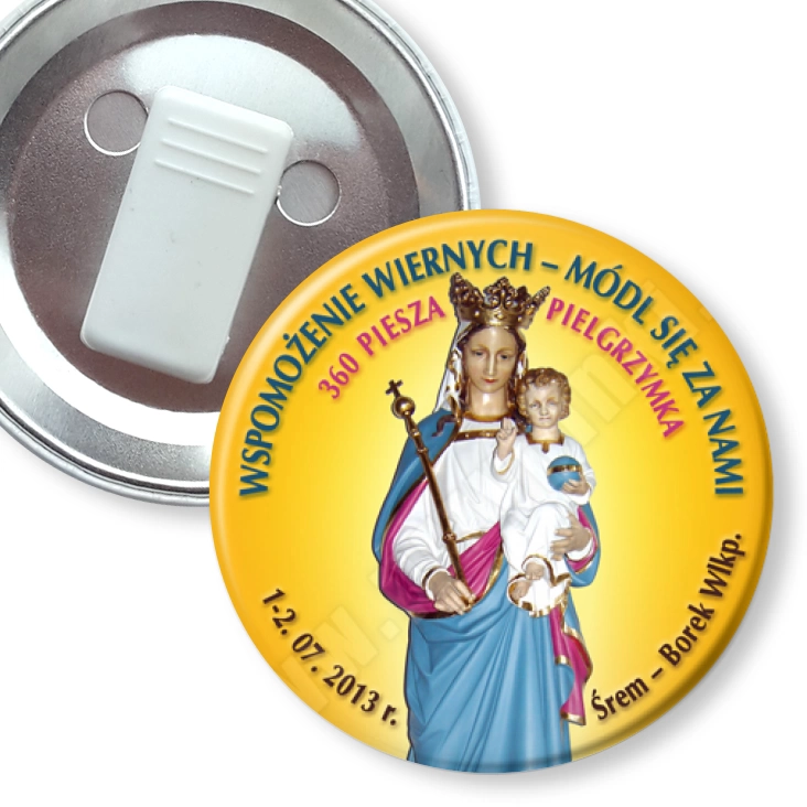 przypinka z żabką Wspomożenie wiernych - módl się za nami.