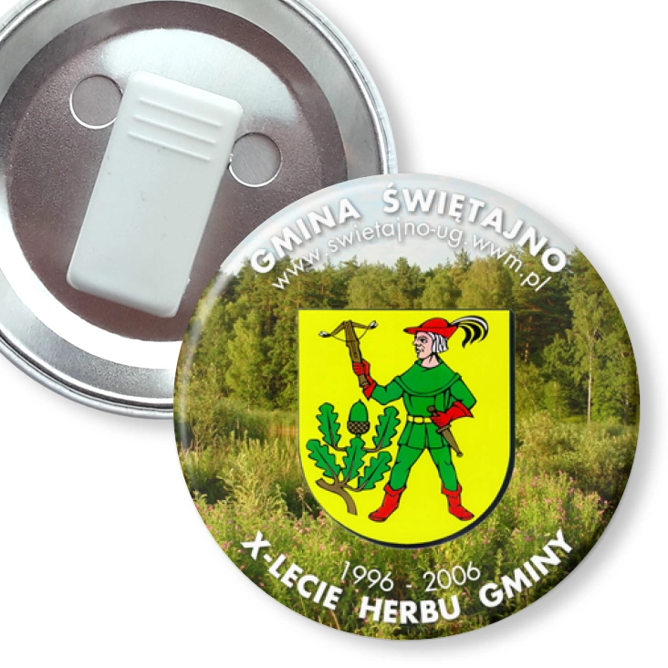 przypinka z żabką X-lecie Herbu Gminy Świętajno