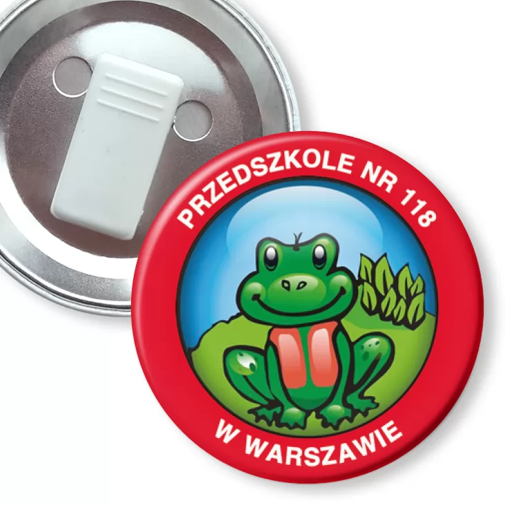 przypinka z żabką Przedszkole nr 118 w Warszawie