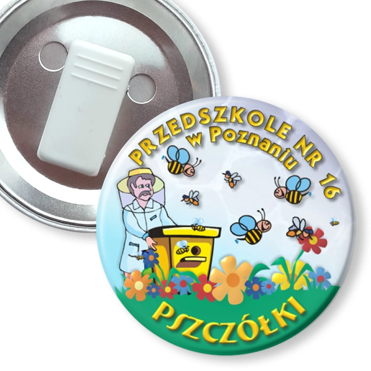 przypinka z żabką Przedszkole nr 16 w Poznaniu Pszczółki