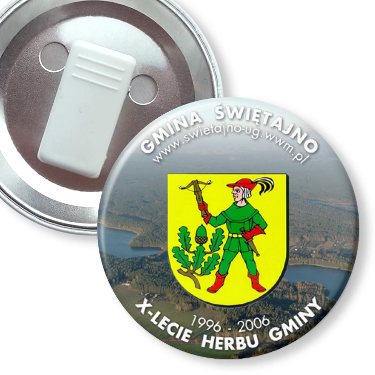 przypinka z żabką X-lecie Herbu Gminy Świętajno