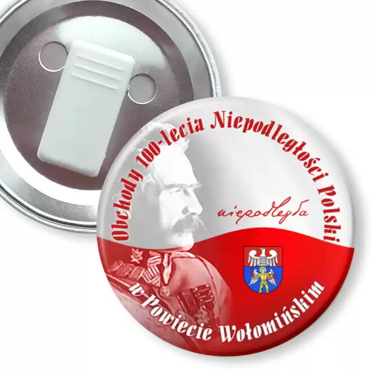 przypinka z żabką 100-lecie Niepodległości Polski w Powiecie Wołomińskim