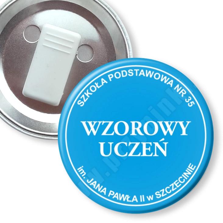 przypinka z żabką Wzorowy Uczeń SP35 Szczecin - niebieski