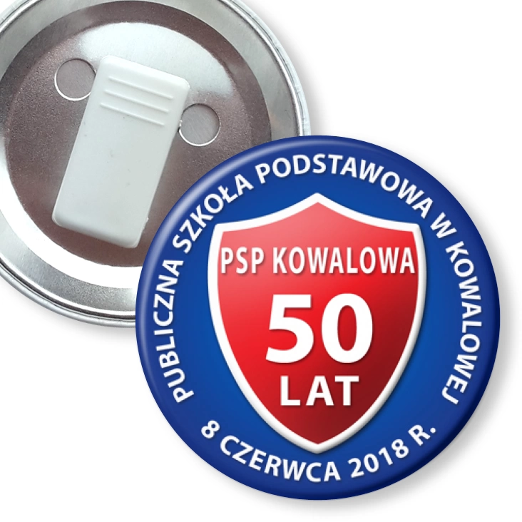 przypinka z żabką Szkoła w Kowalowej 50 lat