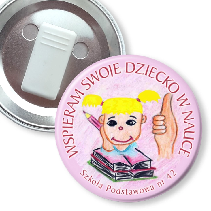 przypinka z żabką Wspieram swoje dziecko w nauce - dziewczynka