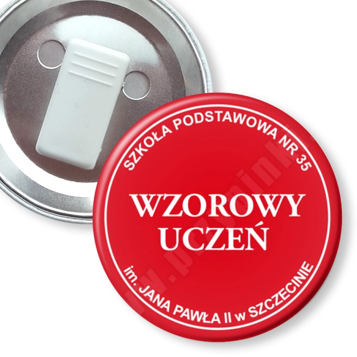 przypinka z żabką Wzorowy Uczeń SP35 Szczecin - czerwony