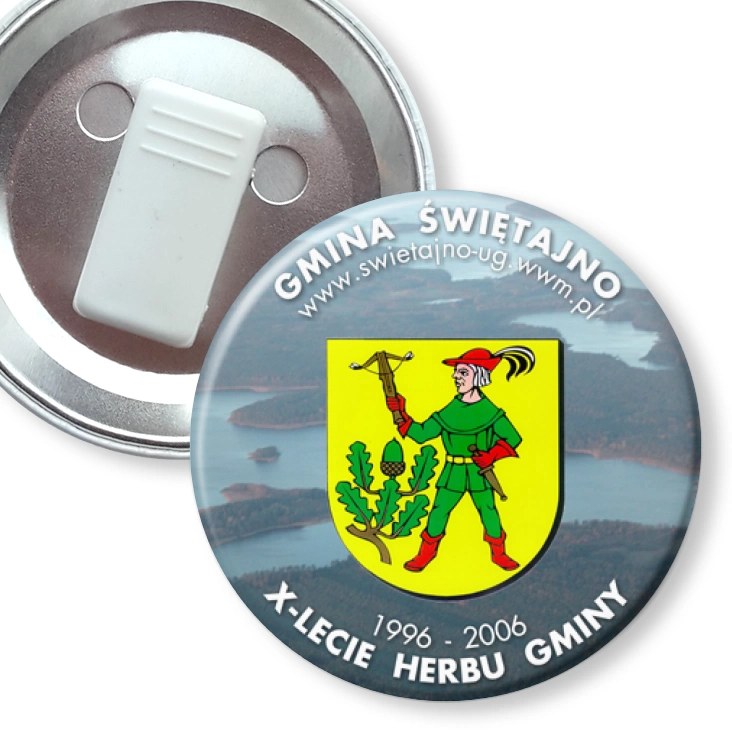 przypinka z żabką X-lecie Herbu Gminy Świętajno