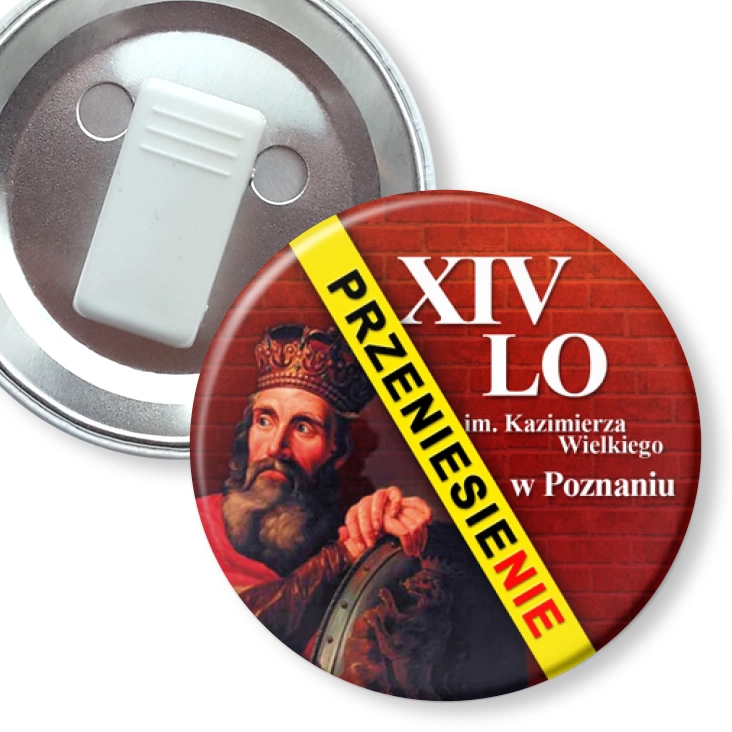 przypinka z żabką XIV LO w Poznaniu - przeniesienie