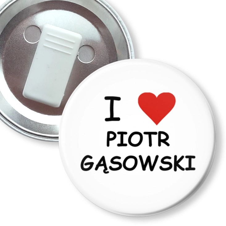 przypinka z żabką I love Piotr Gąsowski