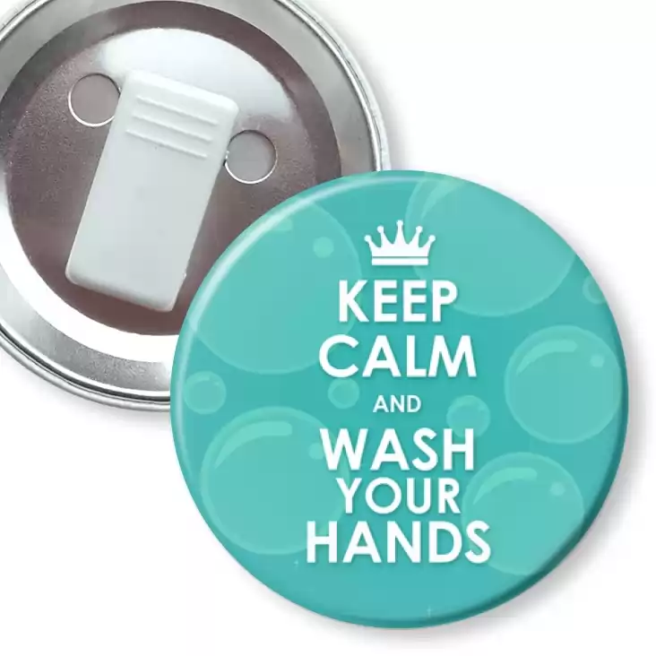 przypinka z żabką Keep calm and wash your hands