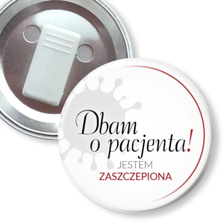 przypinka z żabką Dbam o pacjenta. Jestem zaszczepiona