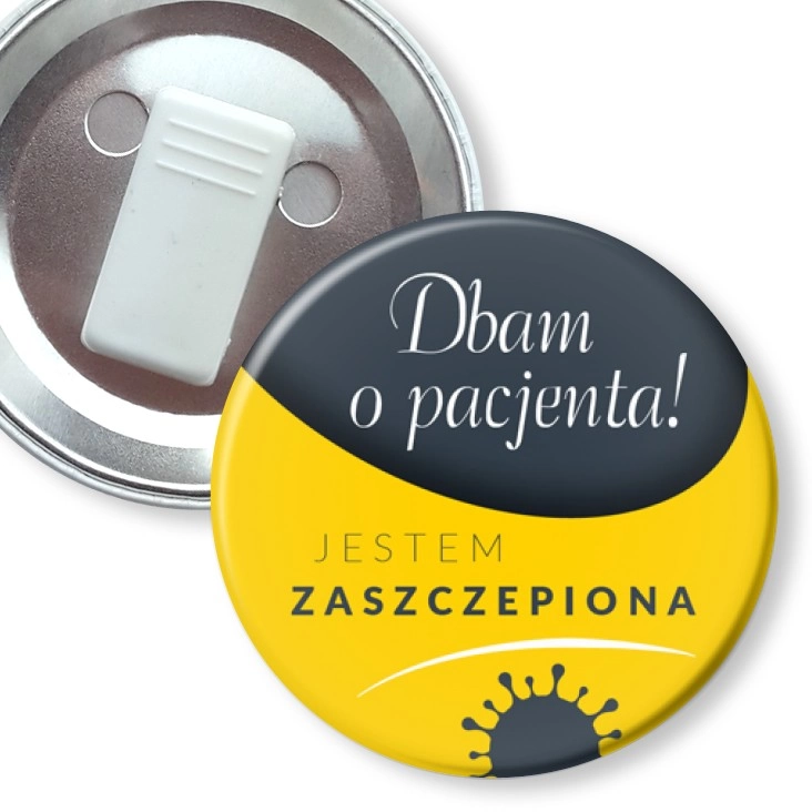 przypinka z żabką Jestem zaszczepiona. Dbam o pacjenta