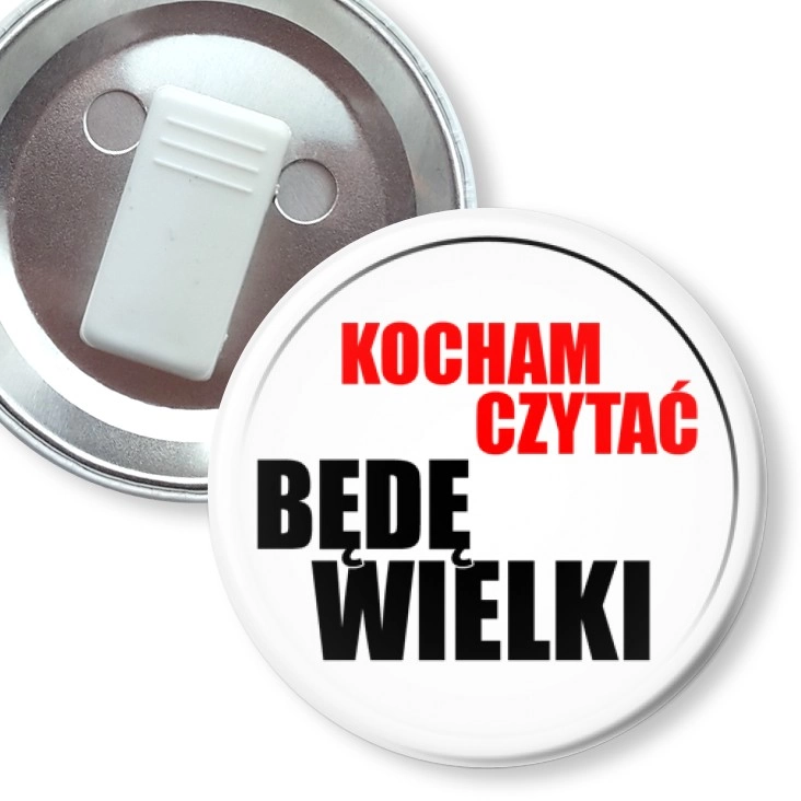 przypinka z żabką Kocham czytać - będę wielki