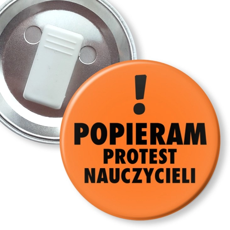 przypinka z żabką Popieram protest nauczycieli. Wykrzyknik