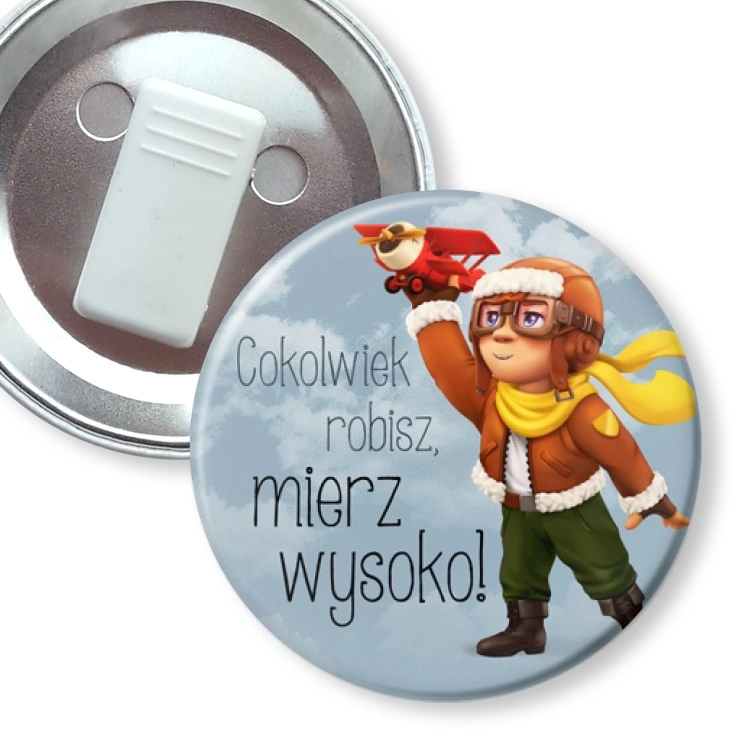 przypinka z żabką Cokolwiek robisz mierz wysoko bohater