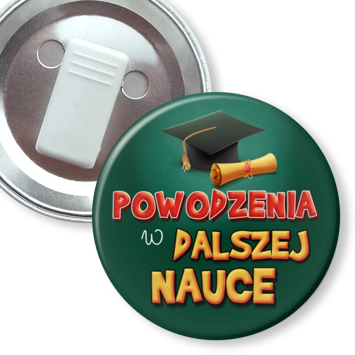 przypinka z żabką Powodzenia w dalszej nauce