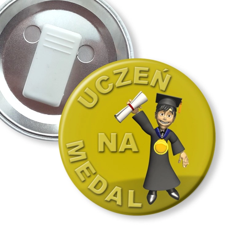 przypinka z żabką Uczeń na medal z dyplomem