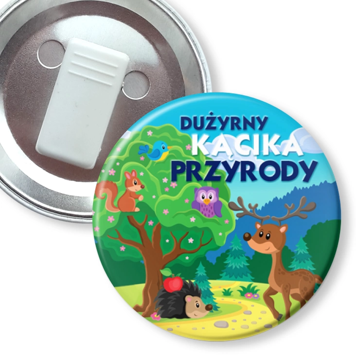 przypinka z żabką Dyżurny Kącika Przyrody ze zwierzętami