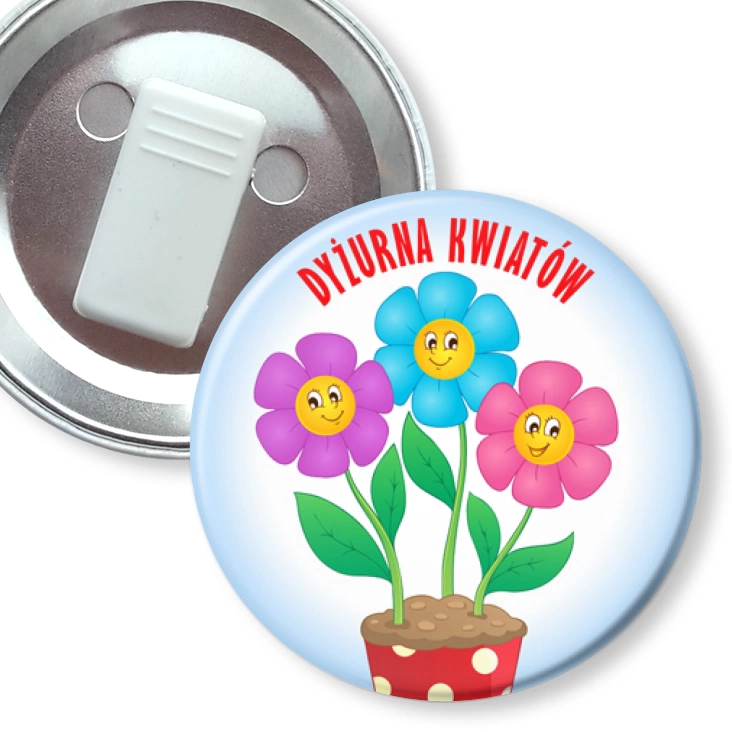 przypinka z żabką Dyżurna Kwiatów z doniczką