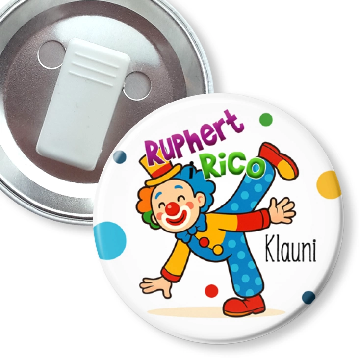 przypinka z żabką Ruphert i Rico Klauni na białym tle