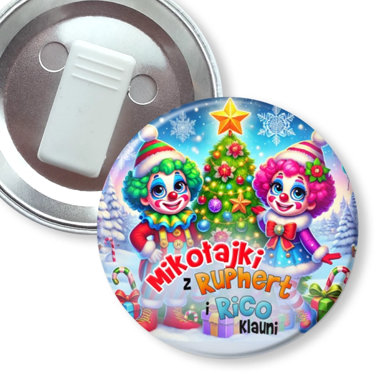 przypinka z żabką Ruphert i Rico Klauni Para klaunów przy choince