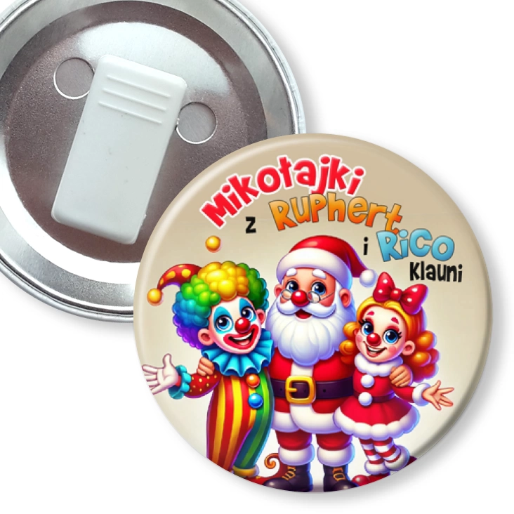 przypinka z żabką Ruphert i Rico Klauni Para klaunów z Mikołajem
