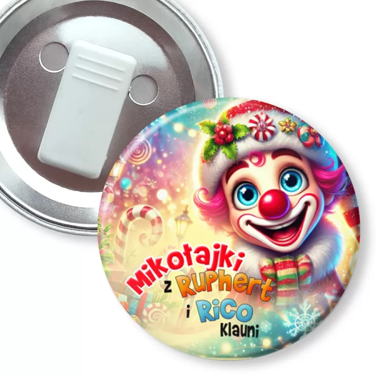 przypinka z żabką Ruphert i Rico Klauni Uśmiechnięty Klaun