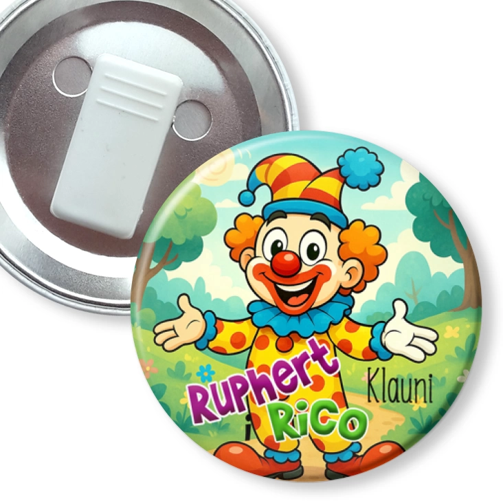 przypinka z żabką Ruphert i Rico Klauni w lesie
