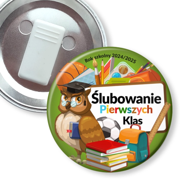 przypinka z żabką Ślubowanie pierwszych klas Mądra Sowa