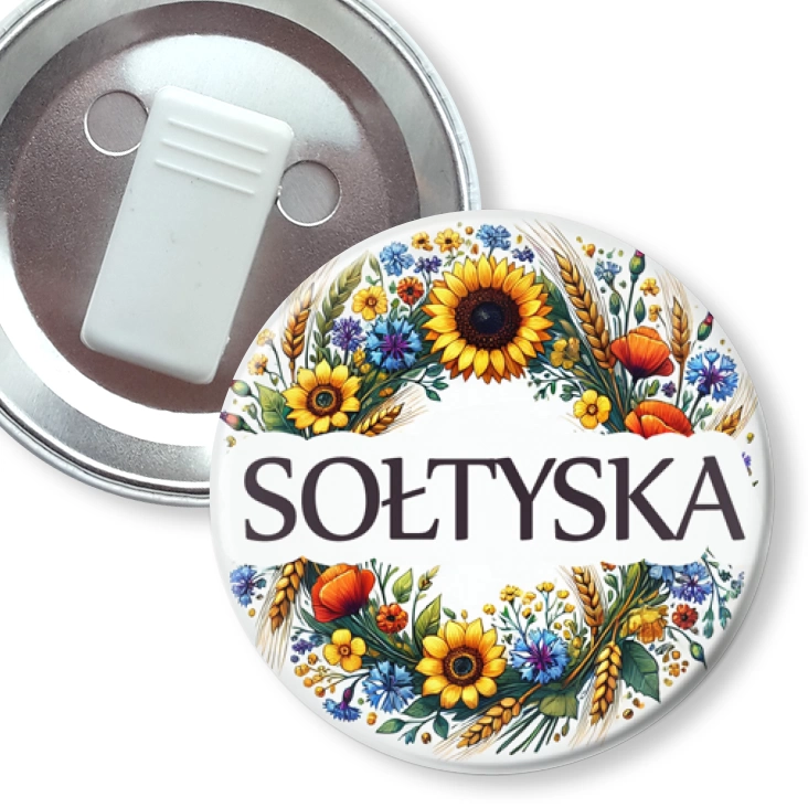 przypinka z żabką Sołtyska polskie kwiaty polne