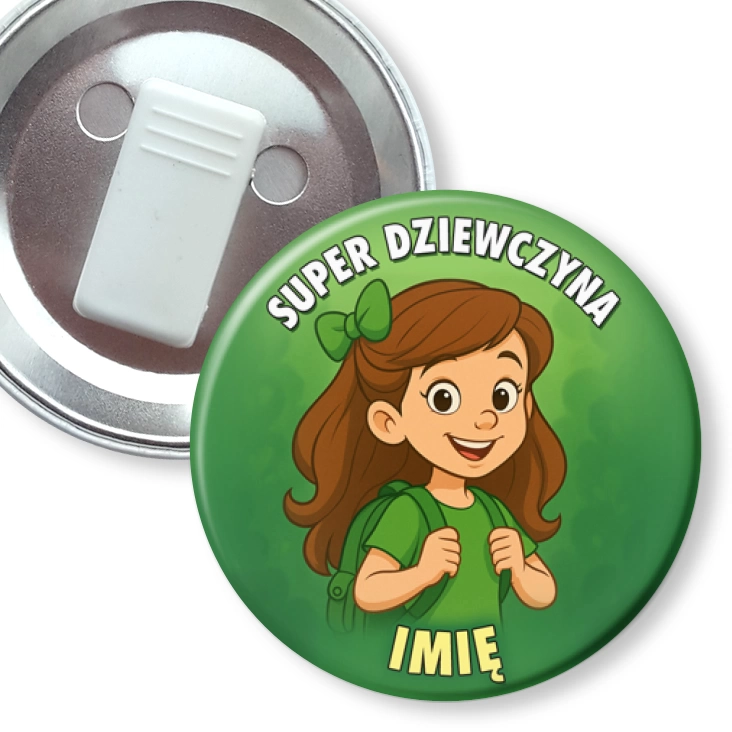 przypinka z żabką Super dziewczyna na zielonym tle