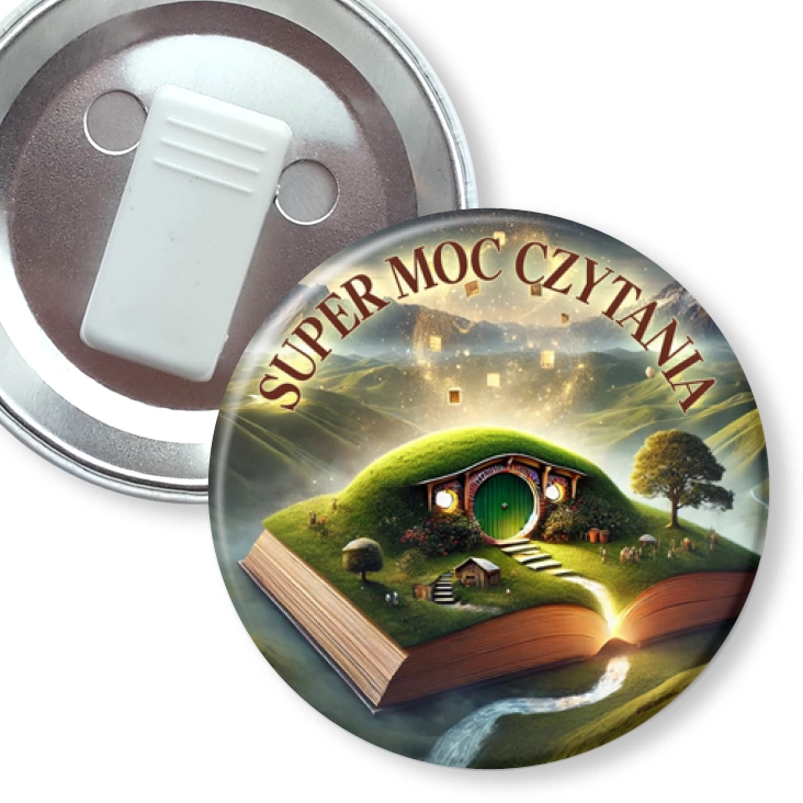 przypinka z żabką Super moc czytania Magiczna książka
