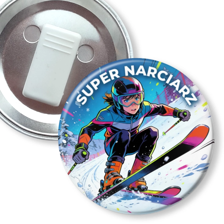 przypinka z żabką Super Narciarz zjazdowy