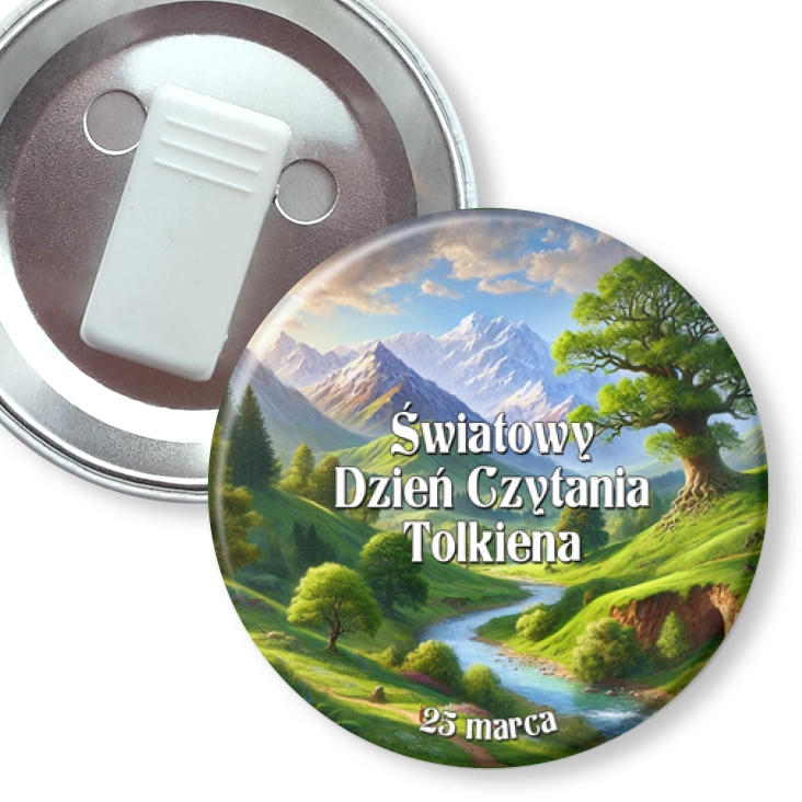 przypinka z żabką Światowy Dzień Czytania Tolkiena krajobraz