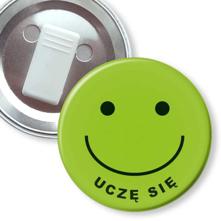 przypinka z żabką Uczę się na zielonym tle
