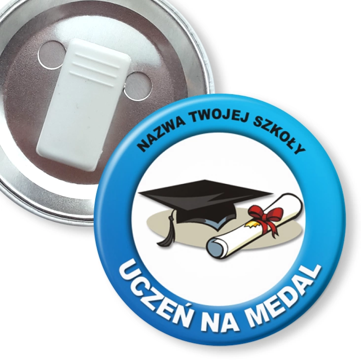 przypinka z żabką Uczeń na medal z biretem i dyplomem