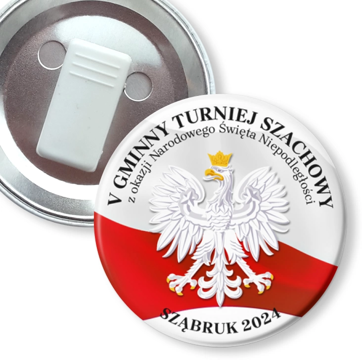 przypinka z żabką V Gminny Turniej Szachowy z okazji Narodowego Święta Niepodległości