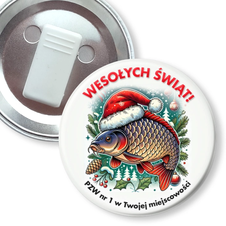 przypinka z żabką Wesołych świąt od wędkarzy