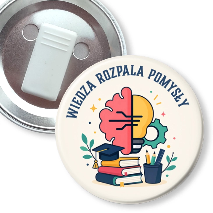 przypinka z żabką Wiedza zapala pomysły