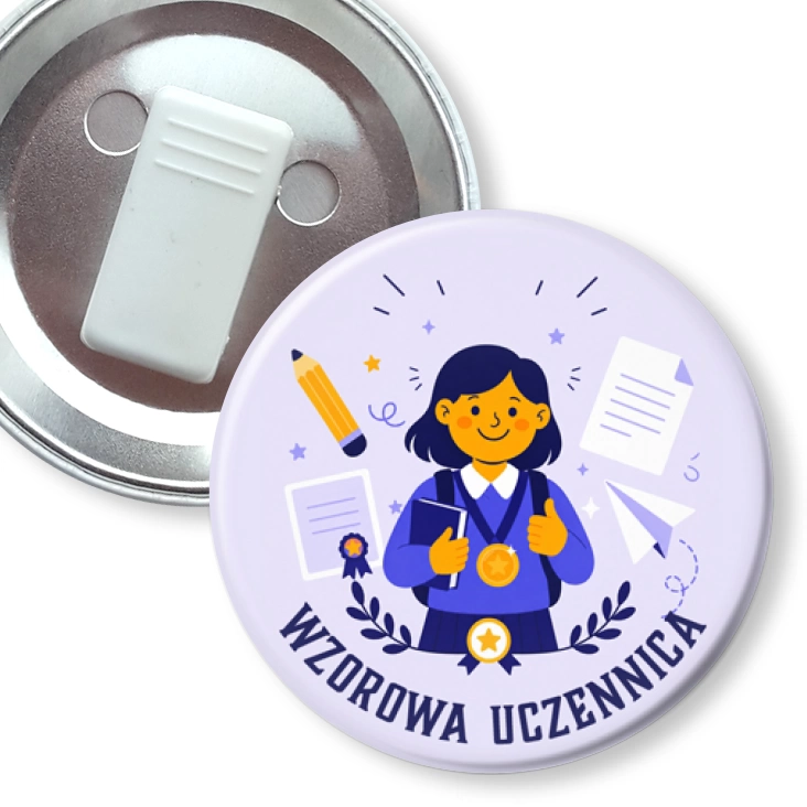 przypinka z żabką Wzorowa uczennica na lawendowym tle