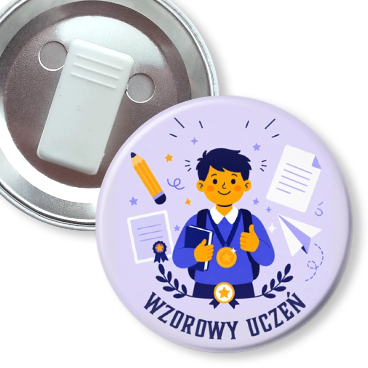 przypinka z żabką Wzorowy uczeń na lawendowym tle