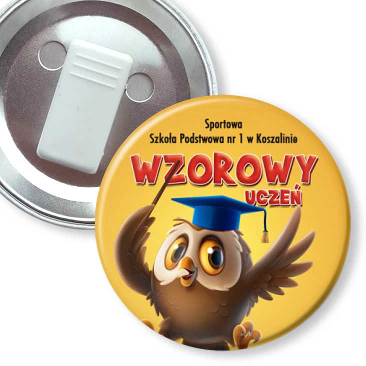 przypinka z żabką Wzorowy uczeń Sportowa SP nr 1 w Koszalinie