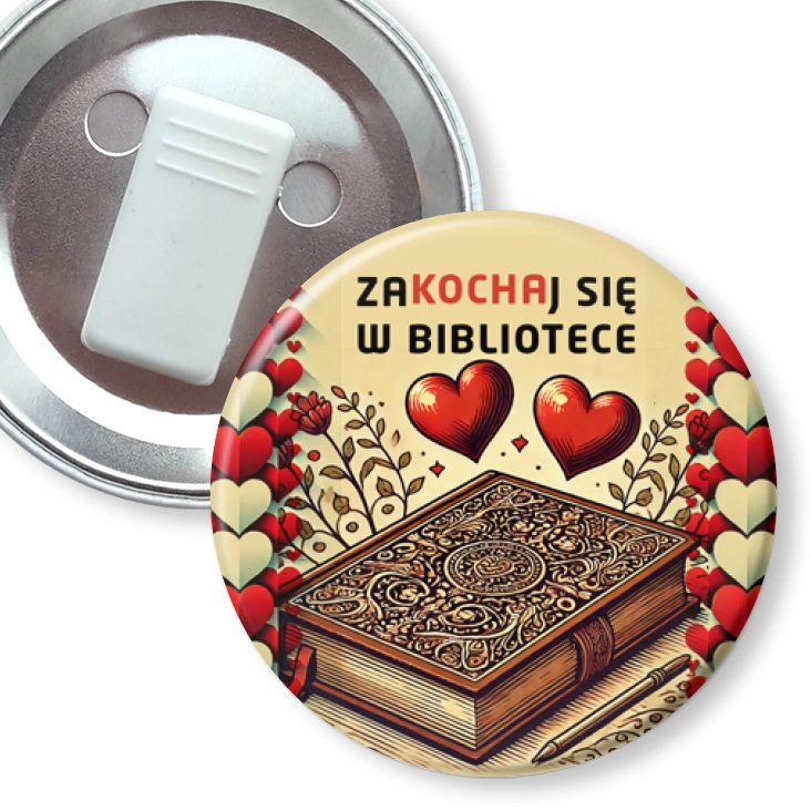 przypinka z żabką Zakochaj się w bibliotece serca