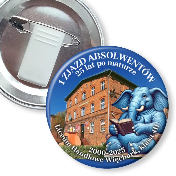 przypinka z żabką i agrafką 1 zjazd absolwentów Liceum Handlowe Więcbork