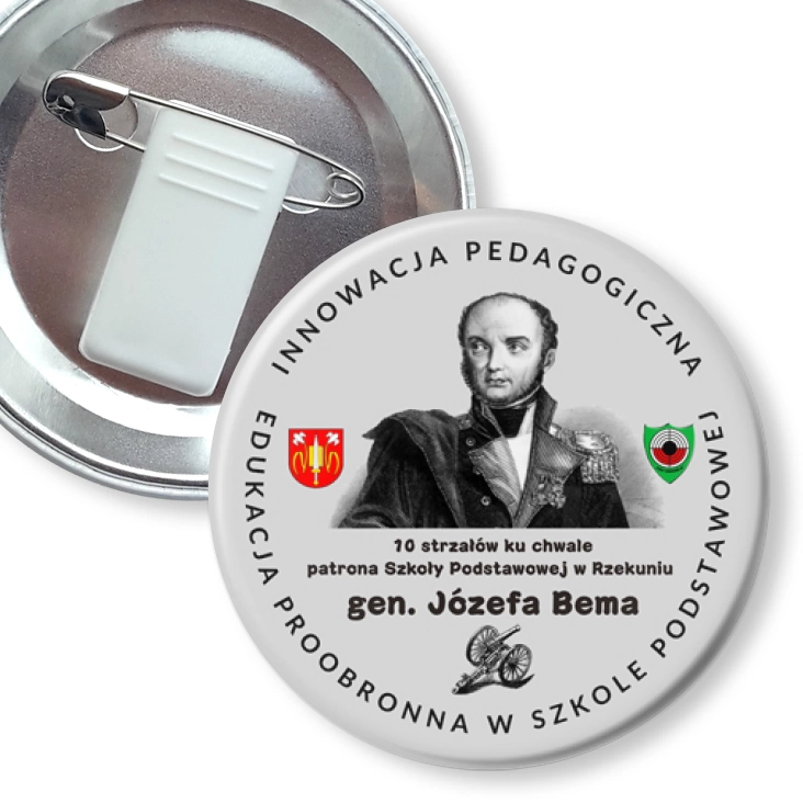 przypinka z żabką i agrafką 10 strzałów ku chwale patrona SP w Rzekuniu