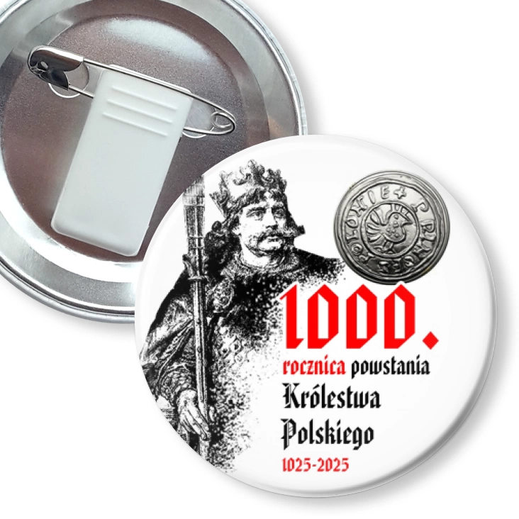przypinka z żabką i agrafką 1000 rocznica Królestwa Polskiego z denarem