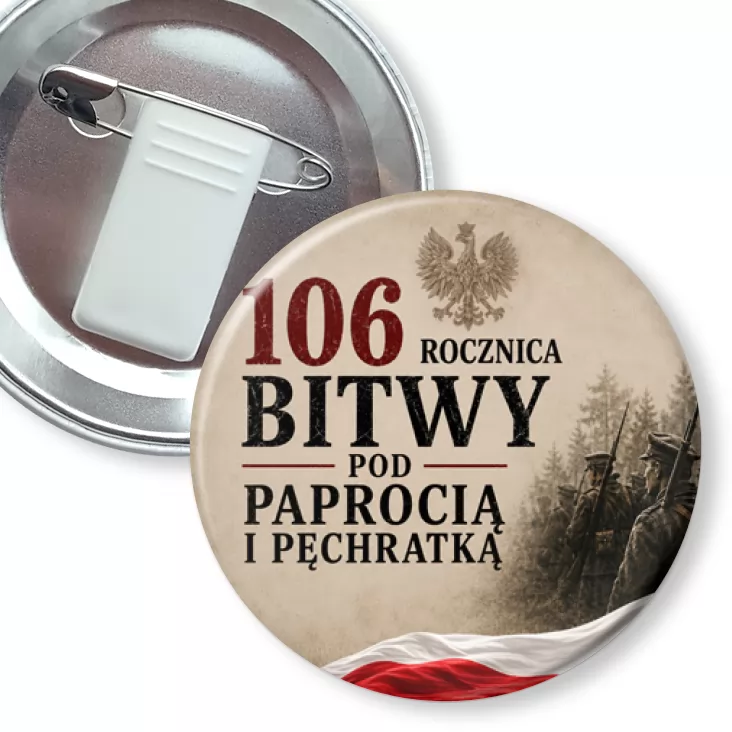 przypinka z żabką i agrafką 106. rocznica Bitwy pod Paprocią