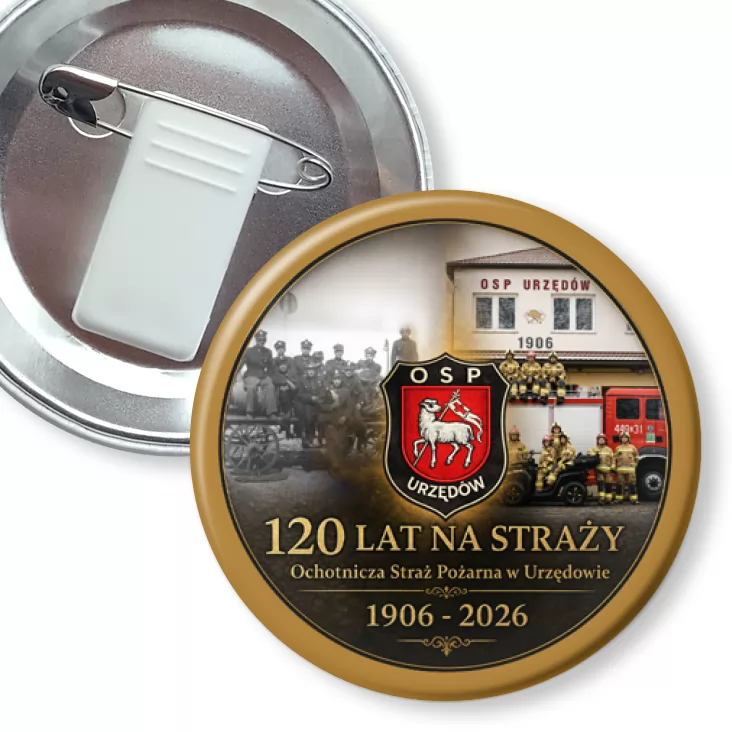 przypinka z żabką i agrafką 120 lat OSP Urzędów