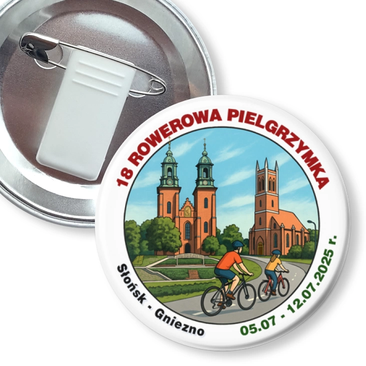 przypinka z żabką i agrafką 18 Rowerowa Pielgrzymka Słońsk - Gniezno 2025