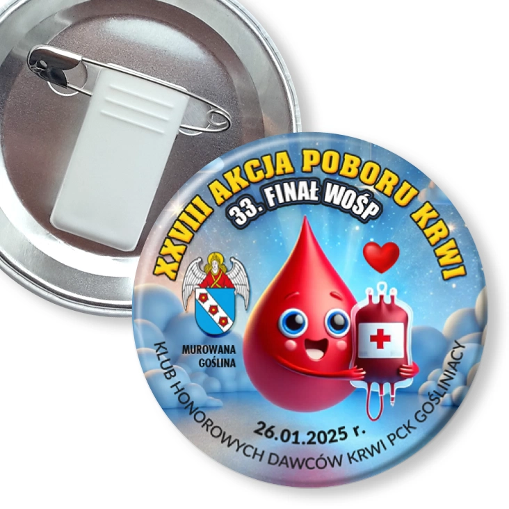 przypinka z żabką i agrafką 33. Finał WOŚP Murowana Goślina